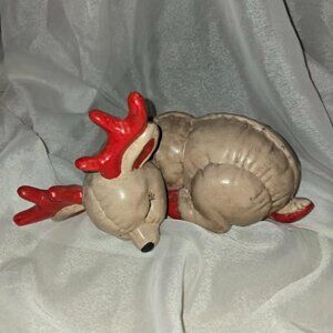 VTG Sleeping Ceramic Quilted Reindeer Hand Painted Multicolor